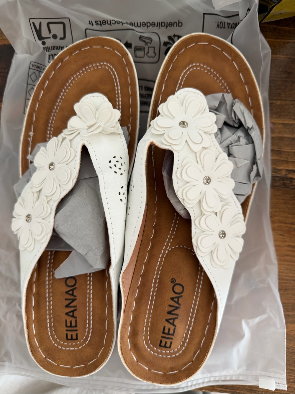 Amazon White Floral Thong Sandals with Brown Footbed